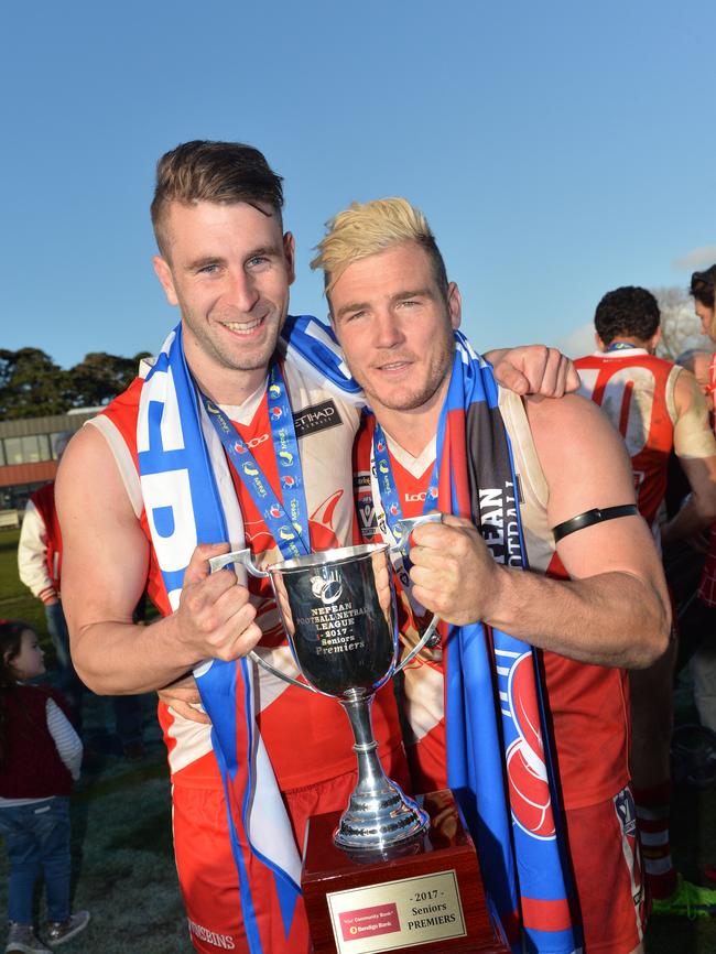 Sorrento’s James Hallahan and Luke Tapscott after the 2017 Nepean league grand final.