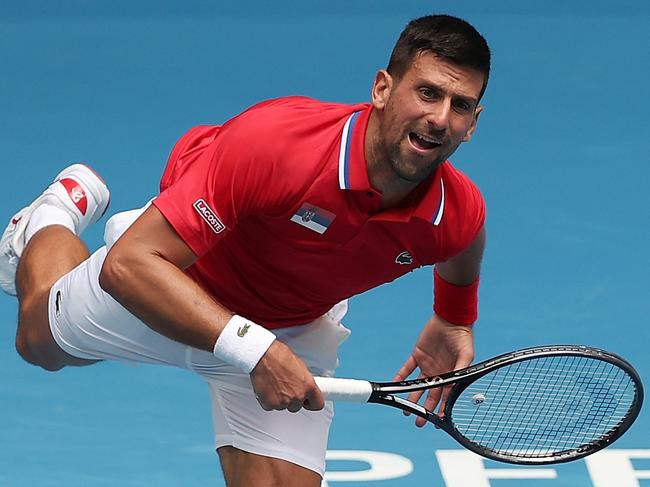 PERTH, AUSTRALIA - JANUARY 02: Novak Djokovic of Team Serbia serves in his singles match against Jiri Lehecka of Team Czech Republic during day five of the 2024 United Cup at RAC Arena on January 02, 2024 in Perth, Australia. (Photo by Paul Kane/Getty Images)