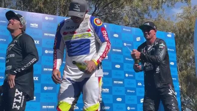 David Walsh celebrates his win at the Finke Desert Race