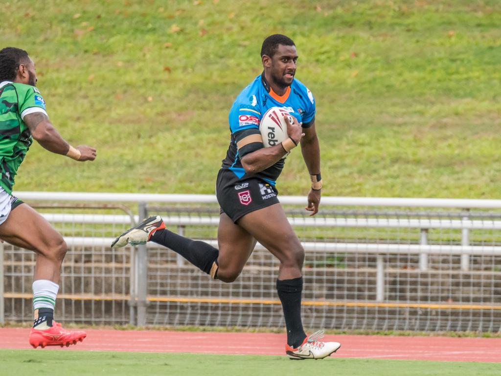 Northern Pride's Dantoray Lui scores the opening try in the North Queensland rivalry clash against Townsville Blackhawks in the Hostplus cup match at Barlow Park. Picture: CHRIS ROBSON