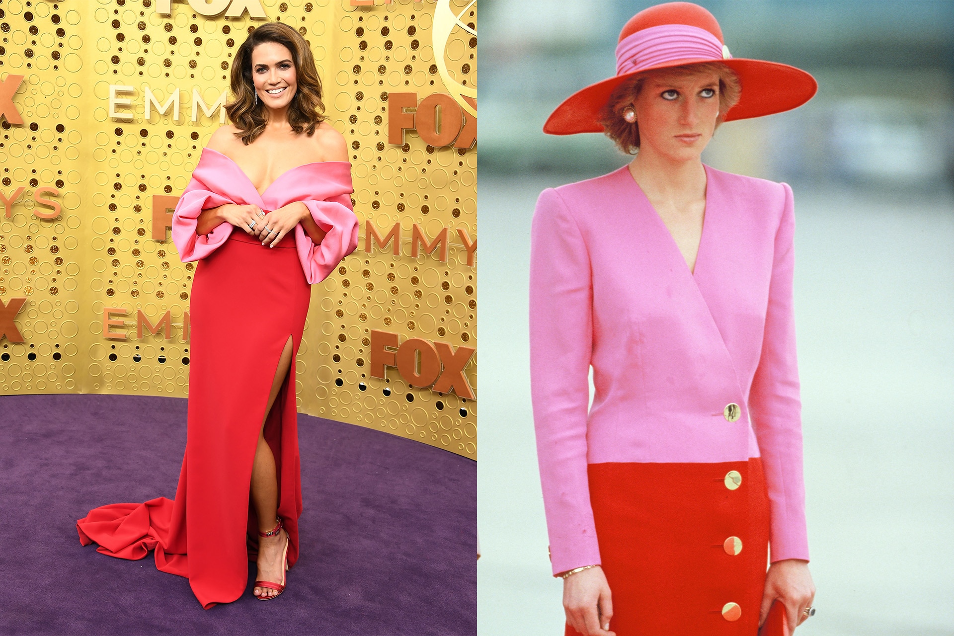 <h3>Mandy Moore</h3><p>For Mandy Moore, the brief was contrast and colour as she took inspiration from Princess Diana&rsquo;s pink and red blazer dress by designer Catherine Walker in 1989. Moore wore an off-the-shoulder colour block dress by Brandon Maxwell to the 2019 Emmy Awards, channelling the well known pink and red contrast that the Princess had first championed. Princess Diana even went so far as to match her iconic outfit with her accessories, including a pair of red shoes and a clutch&mdash;so, of course, Moore followed suit with her own pair of red strappy heels for the occasion.</p>