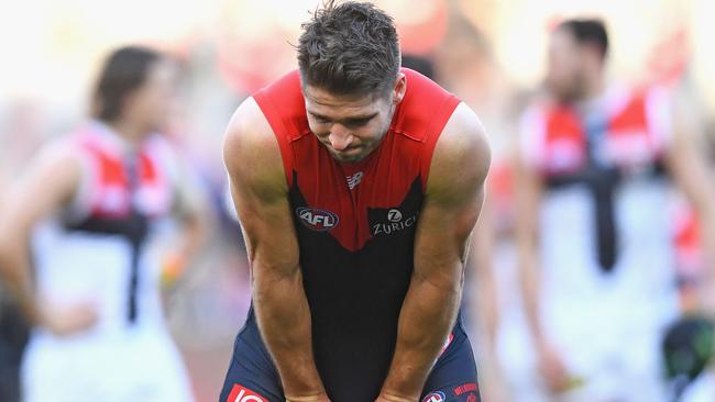 Jesse Hogan laments the Demons’ sub-par effort agasint St Kilda. Picture: Getty Images