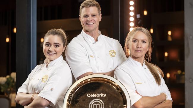 Nick Riewoldt is humble about his chances of winning the Celebrity MasterChef grand finale. He's one of the final three contestants along with Tilly Ramsay (left) and Collette Dinnigan (right). Picture: Supplied.