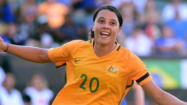 Sam Kerr celebrating her goal in the Matildas win over Brazil at the Tournament Of Nations last year.