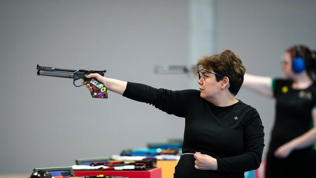 Dina Aspandiyarova competing at the nomination trials at the Sydney International Shooting Centre in March. (AAP Image/Supplied by Shooting Australia)