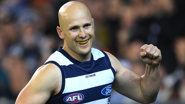 Gary Ablett of the Cats reacts after kicking a goal during the Round 12 AFL match between the Richmond Tigers and the Geelong Cats at MCG in Melbourne, Friday, June 7, 2019. (AAP Image/Julian Smith) NO ARCHIVING, EDITORIAL USE ONLY