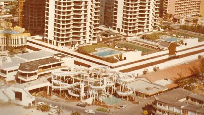 A historic image of Surfers Paradise in the 1980s, featuring the Paradise Centre, Grundy's and Cavill Mall.