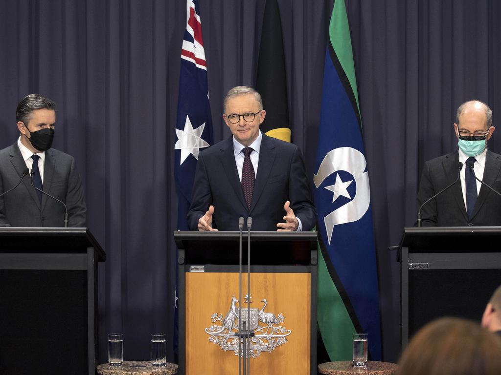 Prime Minister Anthony Albanese with Mark Butler and Professor Paul Kelly. Picture: NCA NewsWire / Gary Ramage