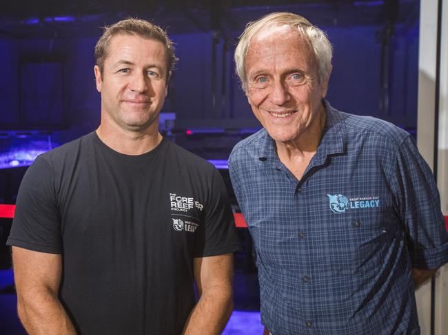 Dr Miller (left) and the “godfather of coral”Dr Charlie Veron at the Biobank in Cairns Aquarium. Picture: Supplied