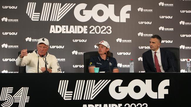 LIV Golf CEO and Commissioner Greg Norman (left), Ripper GC’s Cameron Smith (centre) and South Australia Premier Peter Malinauskas speak at a press conference at The Grange Golf Club ahead of LIV’s Adelaide event earlier this year. Picture: NCA NewsWire / Emma Brasier