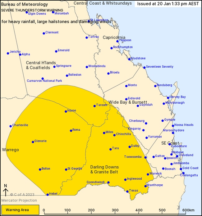 The storm warning took in a large swath of southern and southwest Queensland. Picture: Bureau of Meteorology