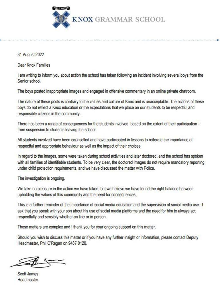 A letter from Knox Grammar Headmaster, Scott James. Picture: Supplied