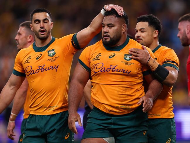 SYDNEY, AUSTRALIA - JULY 06: Taniela Tupou of the Wallabies celebrates a try during the men's International Test match between Australia Wallabies and Wales at Allianz Stadium on July 06, 2024 in Sydney, Australia. (Photo by Cameron Spencer/Getty Images)