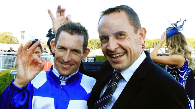 Hugh Bowman and Chris Waller were all smiles after the win. Picture: Mark Evans