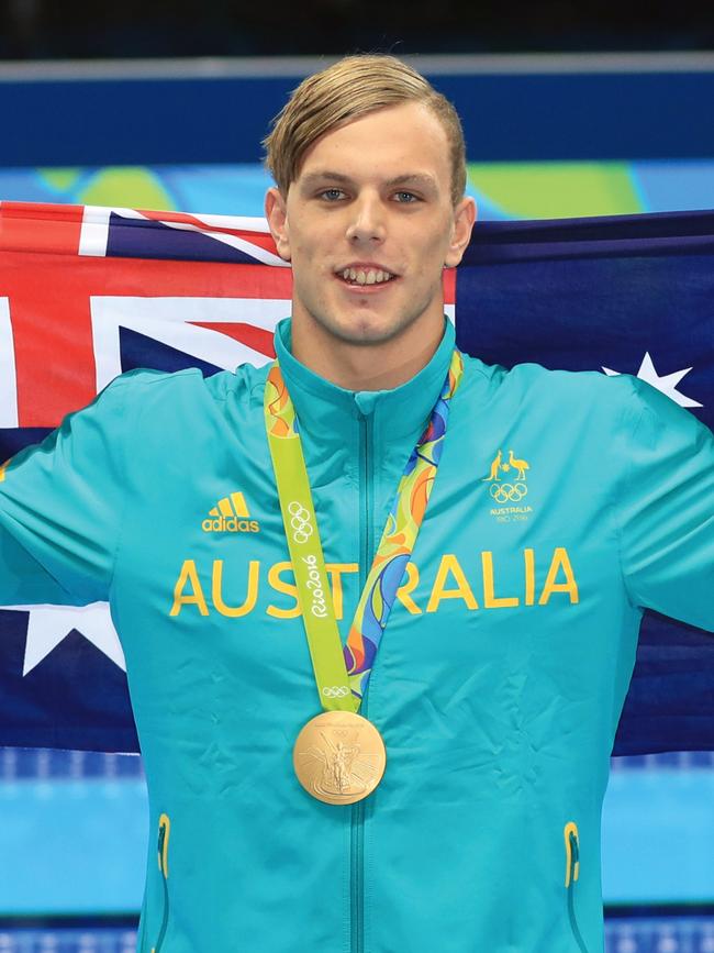 Chalmers with his Gold Medal after winning the Men’s 100m Freestyle Final at the 2016 Rio Olympics. (Pic: Alex Coppel)