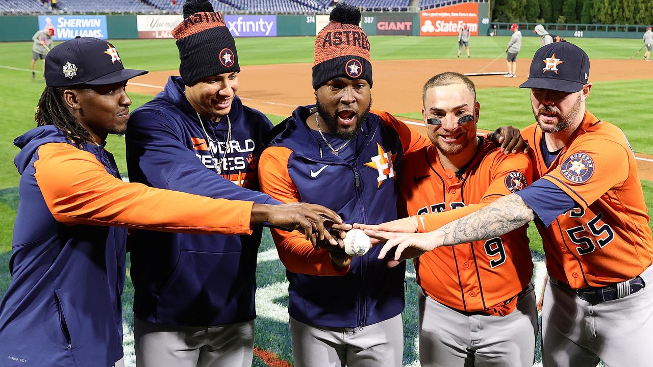 Bryan Abreu of the Houston Astros poses with his 2022 World Series News  Photo - Getty Images