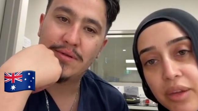 NSW government officials are investigating after nurses at Bankstown Hospital, Rashad Nadir and Sarah Abu Lebdeh, wearing their NSW Health uniforms were filmed declaring they refuse to treat Israeli people and would "kill them" if they present to their ward. Picture: NewsWire Handout