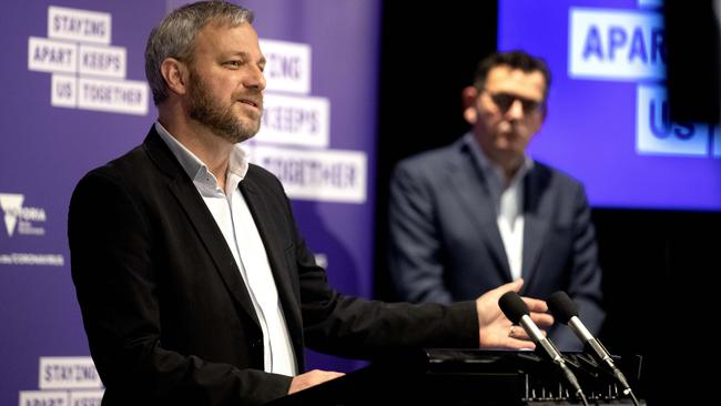 Victorian chief health officer Brett Sutton and Victorian Premier Daniel Andrews address media at a daily covid briefing. Picture: NCA NewsWire / David Geraghty