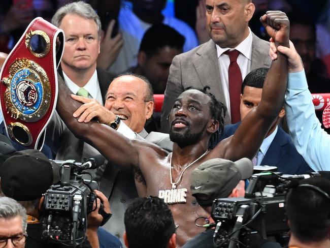 LOS ANGELES, CALIFORNIA - AUGUST 03: Terence Crawford 'Bud' from Omaha, Nebraska celebrates his victory after his match with Israil Madrimov ''The Dream' (not seen) from Uzbekistan at their WBA World WBO Interim title of the Premiere Boxing Championship during Riyadh Season on Saturday night at the BMO Stadium in Los Angeles, California United States on August 03, 2024. (Photo by Tayfun Coskun/Anadolu via Getty Images)