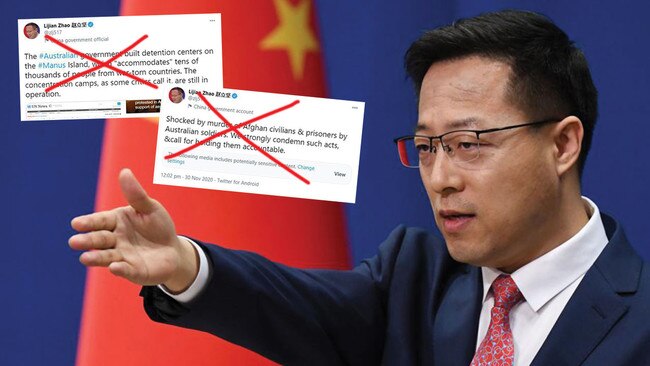 Chinese Foreign Ministry press secretary Zhao Lijian with some of his propaganda handiwork. Pictures: AFP/Twitter