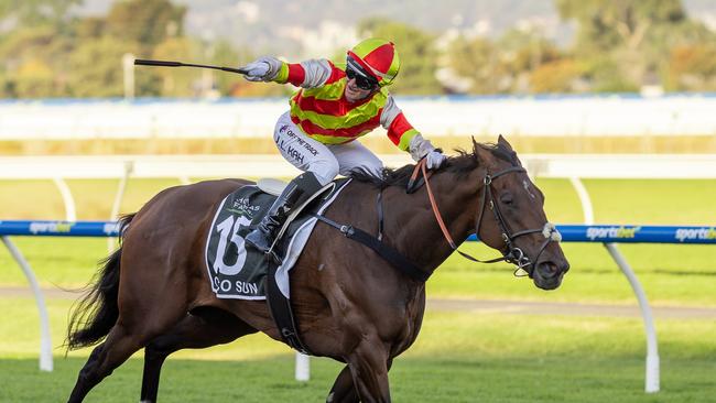 Jamie Kah salutes aboard Coco Sun in the G1 SA Derby. Picture: Makoto Kaneko