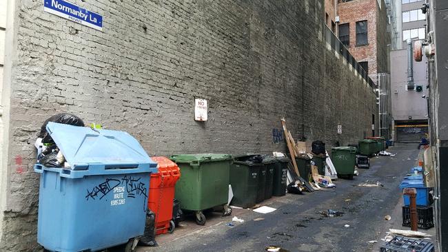 Rubbish in Normanby Lane in Melbourne's CBD. Picture: Snap Send Solve