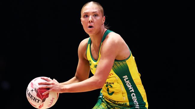 LEEDS, ENGLAND - JANUARY 27: Kate Moloney of Australia during the Vitality Netball Nations Cup match between Australia Origin Diamonds and Uganda She Cranes at First Direct Arena on January 27, 2024 in Leeds, England. (Photo by Naomi Baker/Getty Images for England Netball)