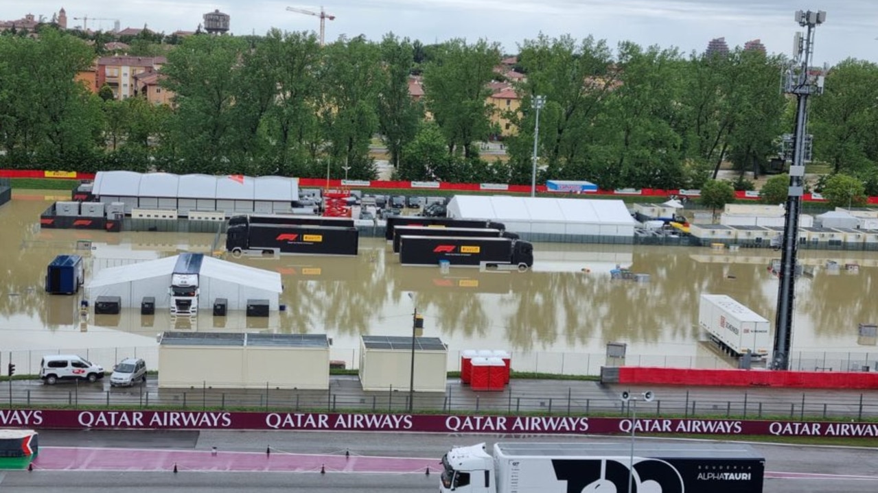 A photo of a portion of the F1 paddock, totally flooded ahead of the now cancelled Emilia-Romagna Grand Prix.