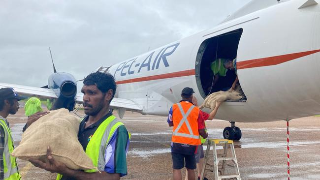 Food is unloaded at a Cape York community as part of not-for-profit remote store operator Community Enterprise Queensland which spent over $735,000 on 27 separate air charters to Kowanyama, Pormpuraaw, and Doomadgee and delivered more than 85,000 kilograms of products. Picture: Supplied