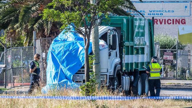 A tarp covers the cabin of the truck from which Mr Howard was thrown. Picture: Jake Nowakowski