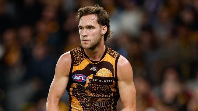 Hawthorn defender Jack Scrimshaw could play with a glove against North Melbourne in Launceston on Sunday. Picture: Dylan Burns / Getty Images