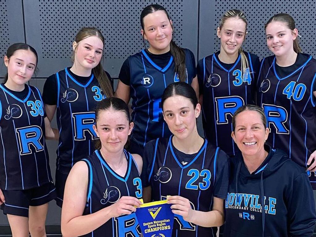 WNBL legend Micaela Cocks with her Rowville Sports Academy Under-17 side ahead of the Basketball Australia Schools Championships.