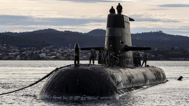 Royal Australian Navy submarine HMAS Sheean arrives for a logistics port visit in Hobart. Picture: Getty Images.