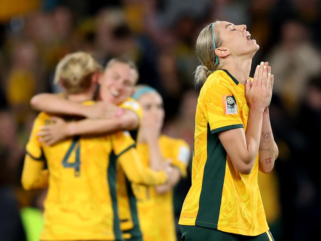 A win and a prayer: Alanna Kennedy of Australia celebrates the team's 1-0 victory against Ireland in Sydney. Picture: Matt King/Getty Images
