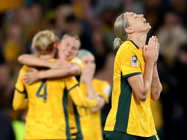 A win and a prayer: Alanna Kennedy of Australia celebrates the team's 1-0 victory against Ireland in Sydney. Picture: Matt King/Getty Images
