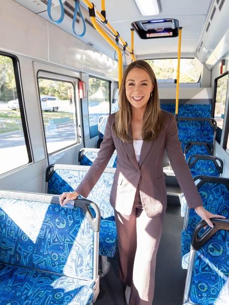 Housing Minister and Gaven MP Meaghan Scanlon checking out on demand bus services in Nerang and Pacific Pines.