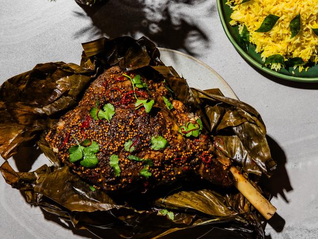 EMBARGO FOR TWAM 31 AUGUST 2024. FEE MAY APPLY. Slow roasted lamb shoulder and saffron rice by chef Lennox Hastie. Photography: Nikki To