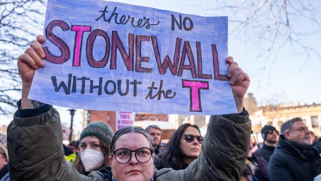 People protest the removal of the word “transgender” from the Stonewall National Monument website. Picture: SPENCER PLATT / GETTY IMAGES NORTH AMERICA / Getty Images via AFP