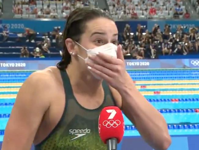 Kaylee McKeown dropped an F-bomb during an interview with Channel 7 after winning gold. Picture: Channel 7