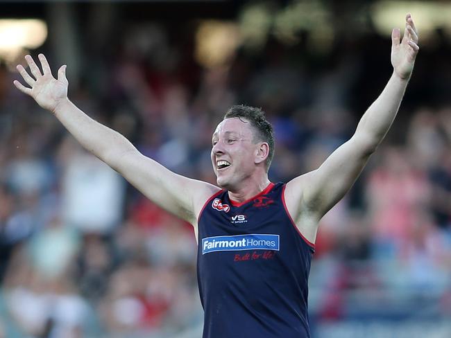 21/9/14 SANFL Grand Final between the Port Adelaide Magpies and the Norwood Redlegs held at the Adelaide Oval. Sam Baulderstone of the Redlegs celebrates victory.