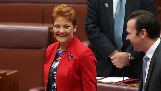 Pauline Hanson in the Senate chamber. Picture: Kym Smith.