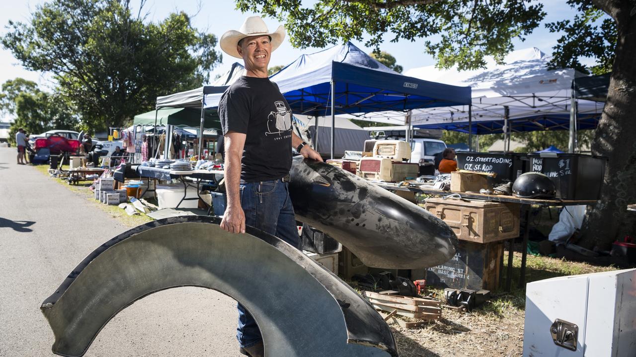 Shawn Greenaway with mudguards he's going to put on a Chevy at the Toowoomba Swap hosted by Darling Downs Veteran and Vintage Motor Club at Toowoomba Showgrounds, Sunday, February 4, 2024. Picture: Kevin Farmer