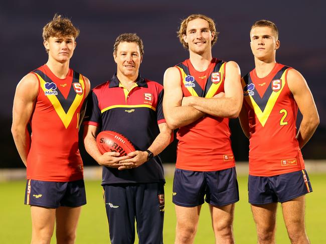 SANFL: South Australia under-18 leadership group, from left, vice-captain Sam Cumming, coach Tony Bamford, captain Dyson Sharp and vice-captain Jack Cook. Picture: Cory Sutton/SANFL