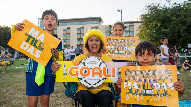 Cajetan Tomlin, Dulcie Munn, Luzia Gundersen and Nicholas Guderson as thousands of fans gather to watch the Matildas take on England in the World Cup Semifinal at Darwin Waterfront. Picture: Pema Tamang Pakhrin