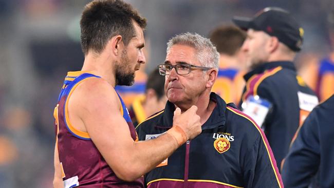 Hodge and Chris Fagan during their time together at Brisbane. Picture: AAP Image/Darren England