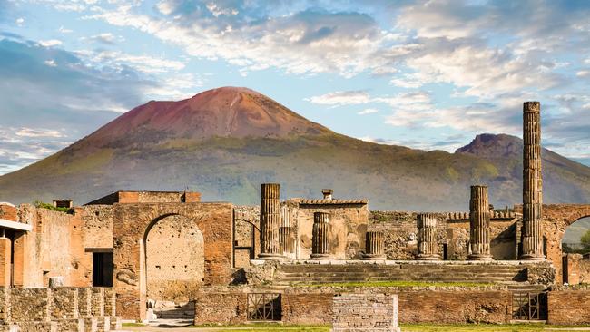 Pompeii with Mount Vesuvius in the background.