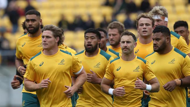 The Wallabies before their Bledisloe I draw in Wellington. Picture: Phil Walter/Getty