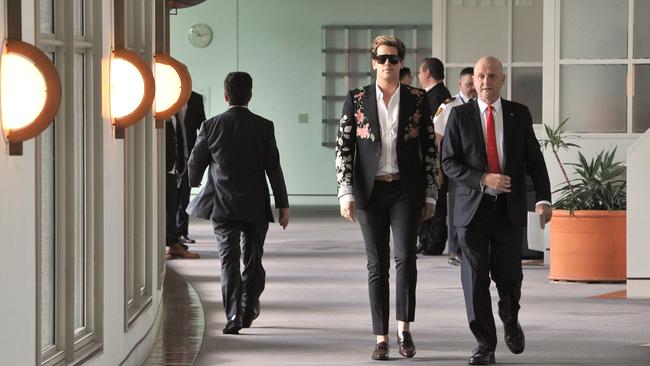 Milo Yiannopoulos with Australian senator David Leyonhjelm at Parliament House. (Pic: Mark Graham/AAP)