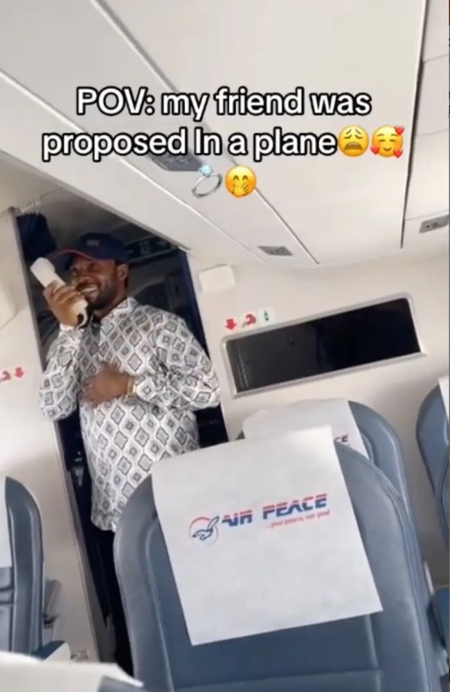 Footage of a very excited man using the plane’s PA system to propose to his girlfriend has gone viral. Picture: TikTok/confijewel
