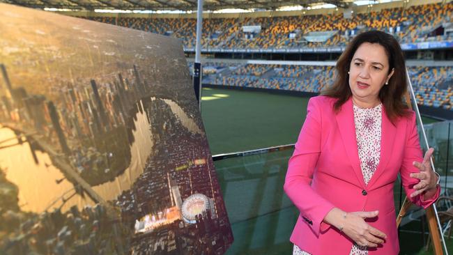 Premier Annastacia Palaszczuk at the Gabba in Brisbane in 2021 as the state government announced a complete rebuild of the stadium for the 2032 Olympic and Paralympic Games. Picture: NCA NewsWire/Dan Peled